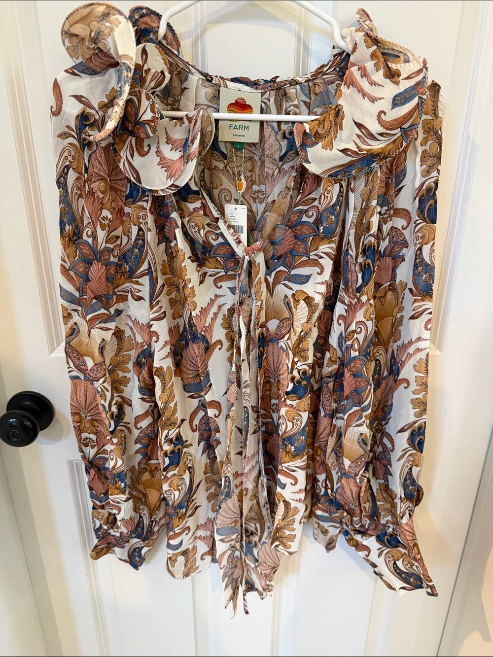 FARM Rio Sea Garden Long Sleeve Tie-Neck Blouse in Cream, Brown & Blue